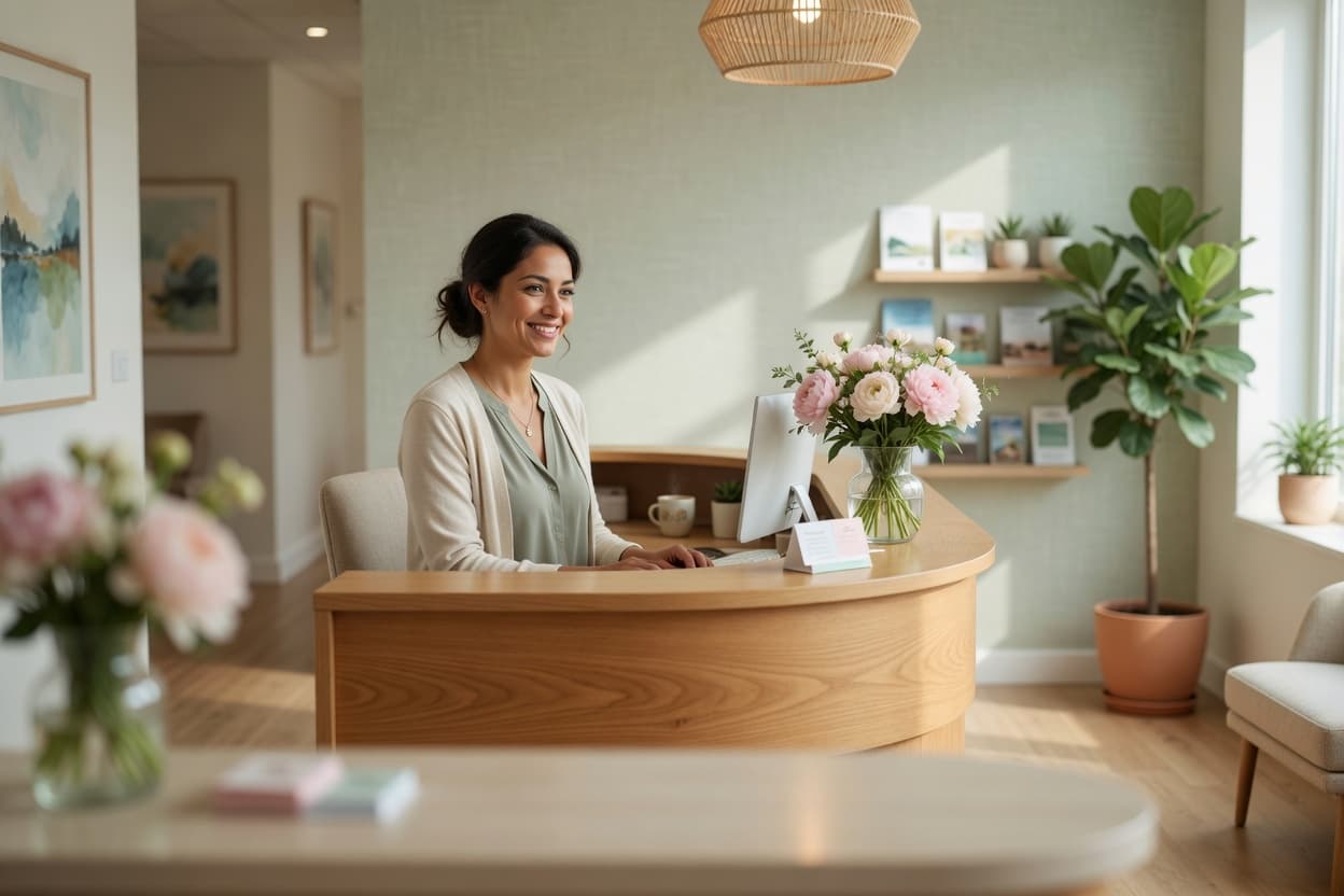 Our calm, light-filled reception where Robin greets you and your appointment is confirmed in seconds.