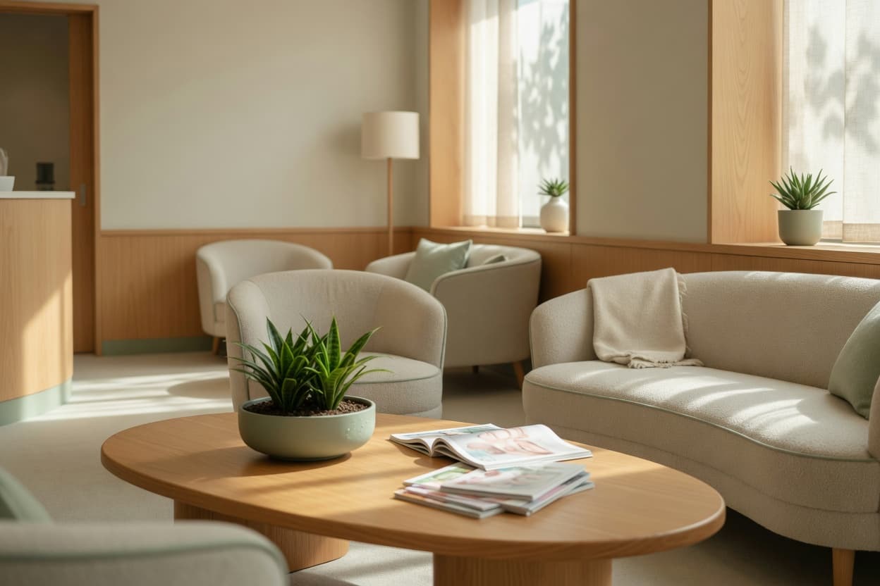 A quiet lounge with soft seating and natural light, a short walk from Russell Square.