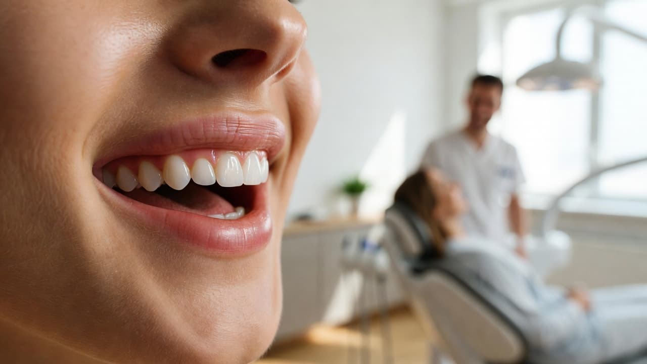 A bright, healthy smile and the calm treatment room at Wren & Bell